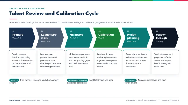Talent Review and Calibration Cycle, sample work product