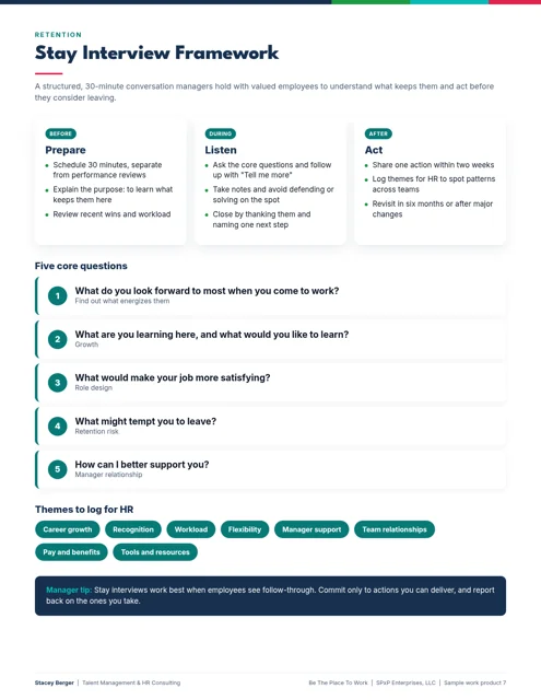 Stay Interview Framework, sample work product
